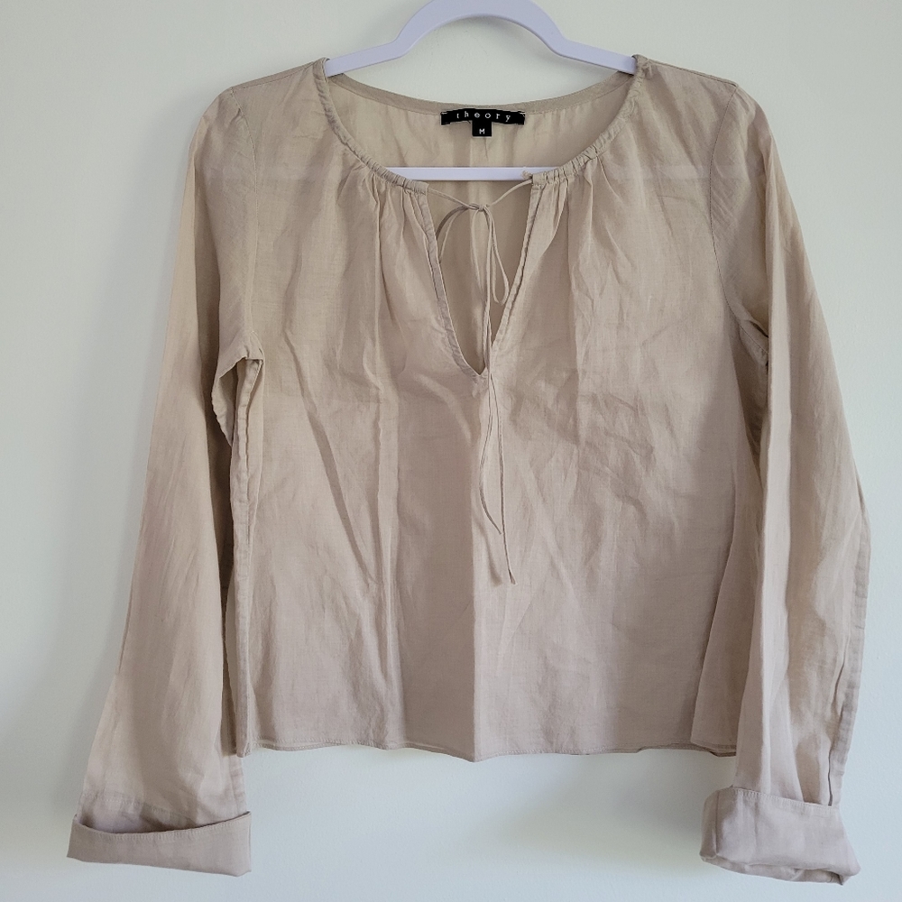 Theory Sheer Long Sleeve Cropped Blouse Top M